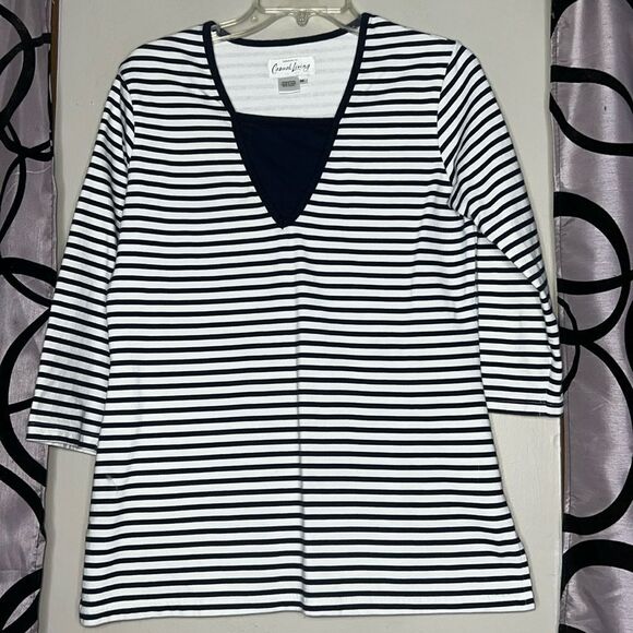 Casual Living black and white striped three-quarter sleeve top size medium - Picture 1 of 12